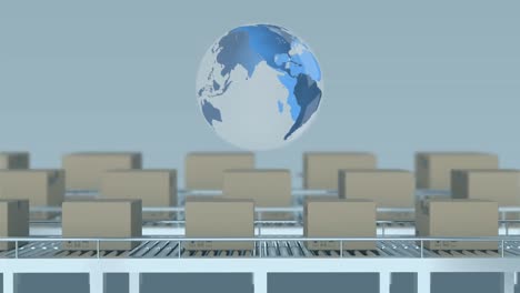 Animation-of-spinning-globe-over-delivery-boxes-on-conveyer-belt-against-grey-background