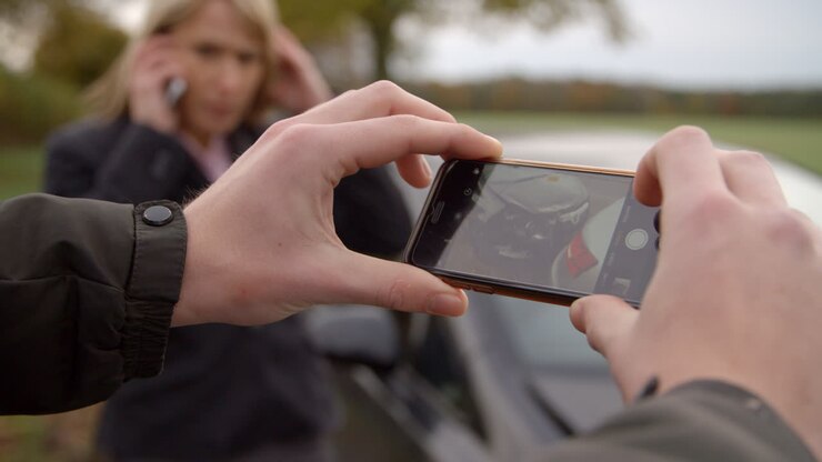 Mand tager foto af bilulykke med mobiltelefon.