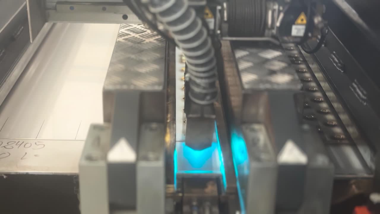 Industrial laser machine welding metal, a robotic mechanism in a factory. Technology concept. A flat sheet of stainless steel is being welded with flashes. Side top view. Type A