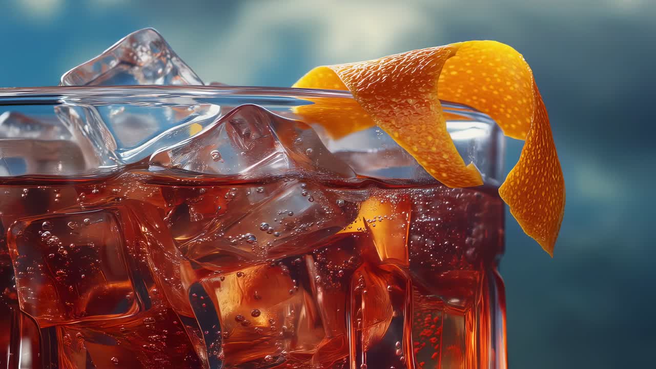 Ice cubes clinking in a glass filled with a red cocktail, garnished with a twist of orange zest, create a refreshing scene against a backdrop of a cloudy blue sky
