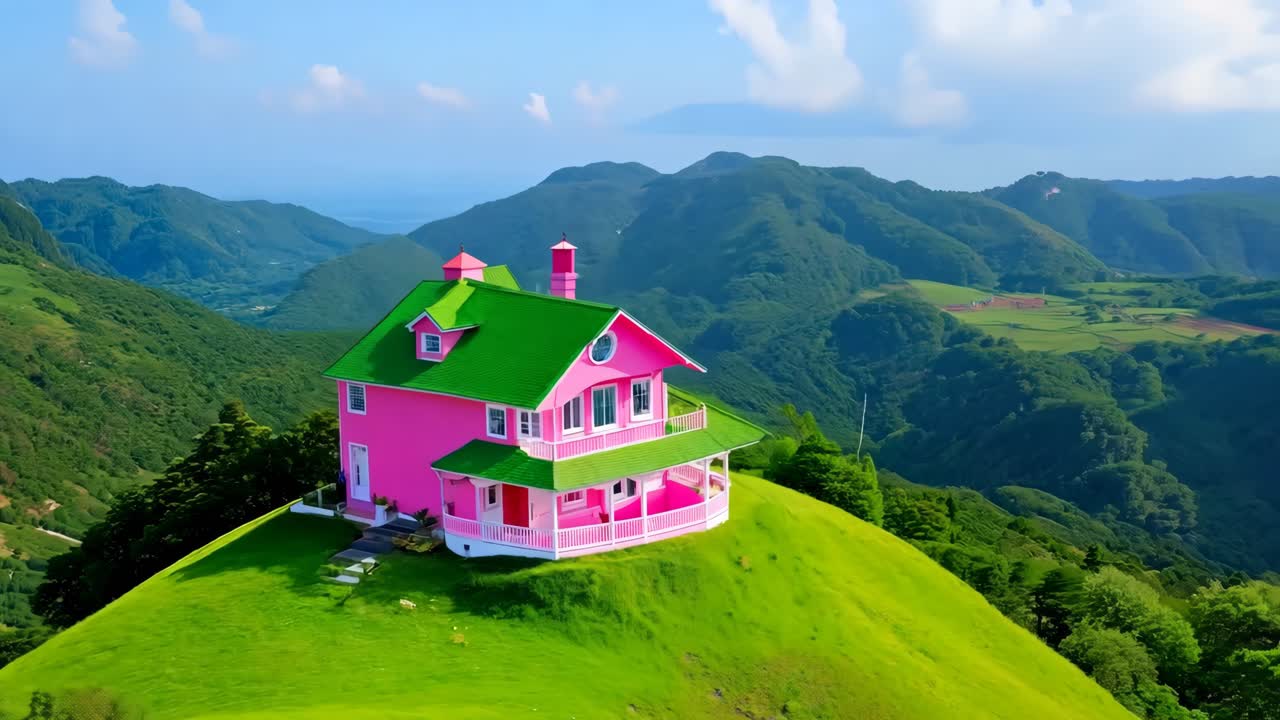 배경 에 산 들 이 있는 초록색 언덕 에 있는 분홍색 집