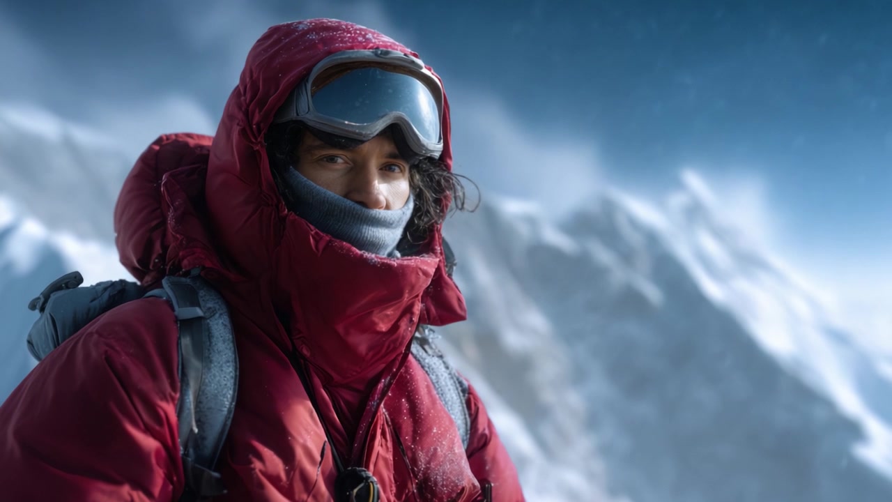 Un alpinista determinato che sfida gli elementi ostili ad alta quota, mostrando resilienza e coraggio in mezzo a condizioni meteorologiche estreme durante una spedizione impegnativa.