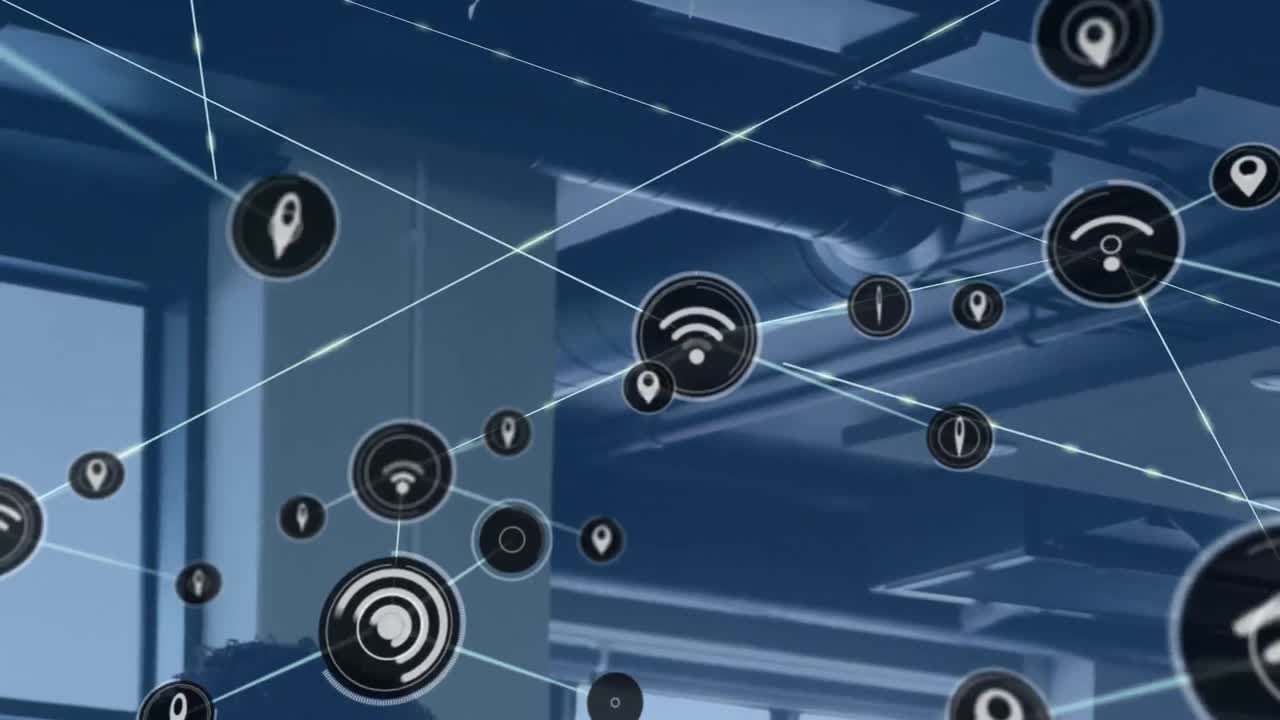 animación de una red de iconos digitales frente a la vista del techo de la oficina