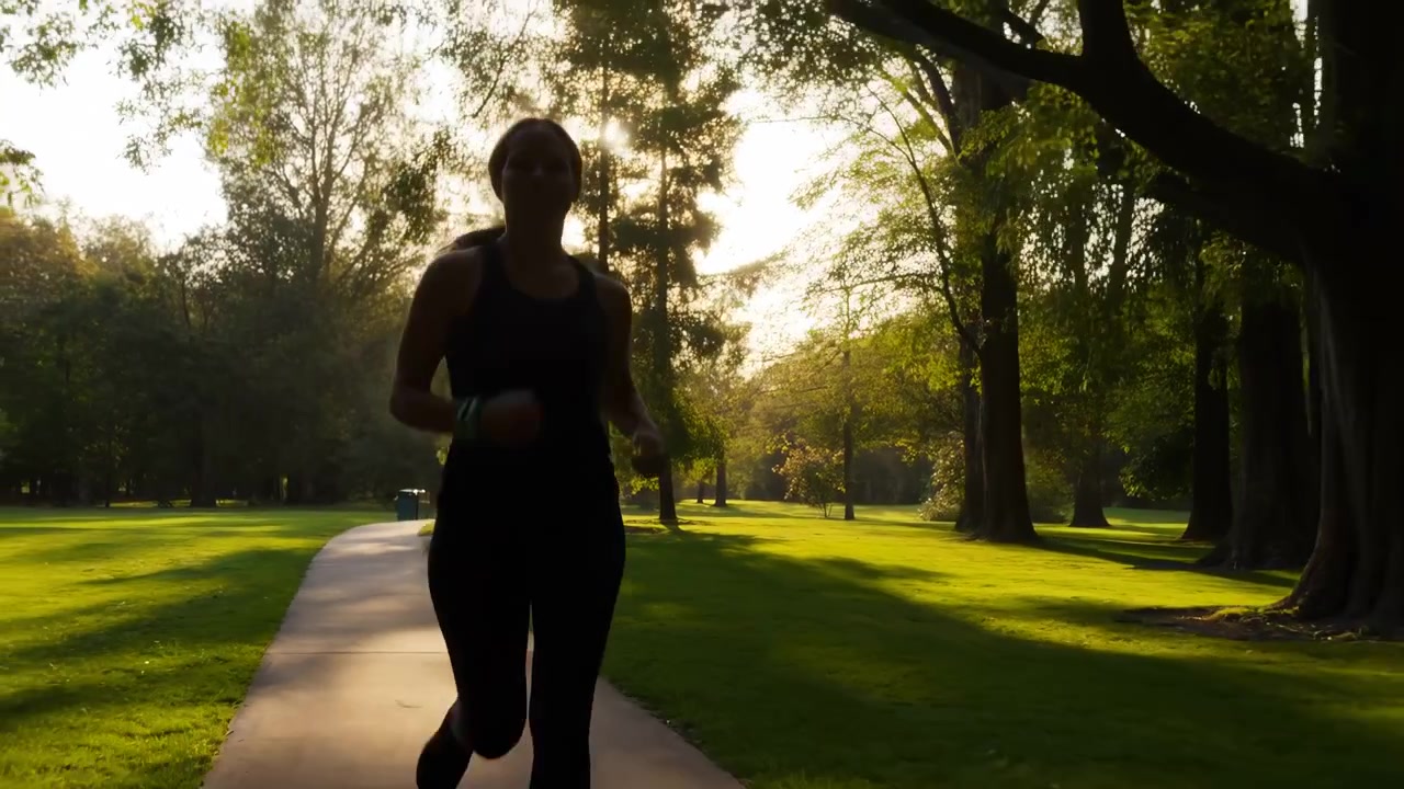 Una donna al centro fa jogging con passo costante lungo un sentiero stretto attraverso un parco verdeggiante, con le braccia che si muovono a ritmo mentre la luce bassa del sole filtra tra i rami e ne sagoma l'abbigliamento sportivo scuro.