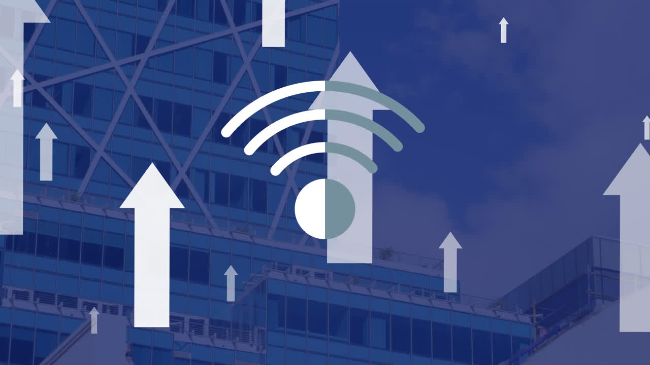 animación de wifi y flechas flotando sobre el paisaje urbano