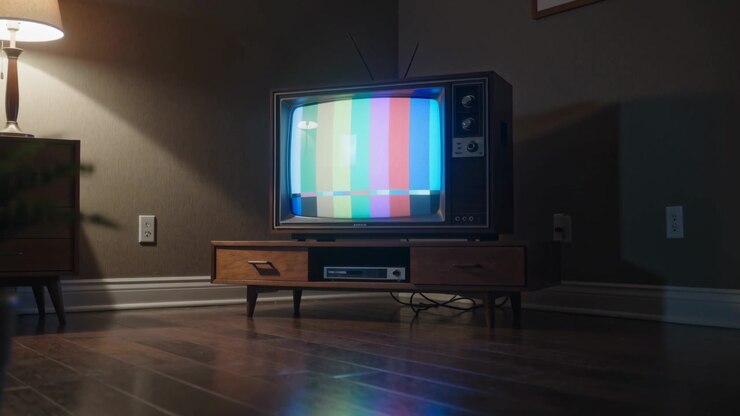 Aparece una prueba de barras de color, iniciando el parpadeo de un televisor CRT antiguo en un estudio con lámpara, mientras la cámara se acerca.