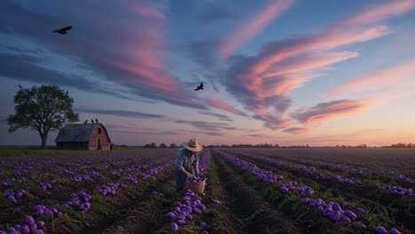 a dedicated farmer harvesting purple vegetables at dusk, surrounded by lush fields and a breathtaking sky, as birds soar above the peaceful landscape