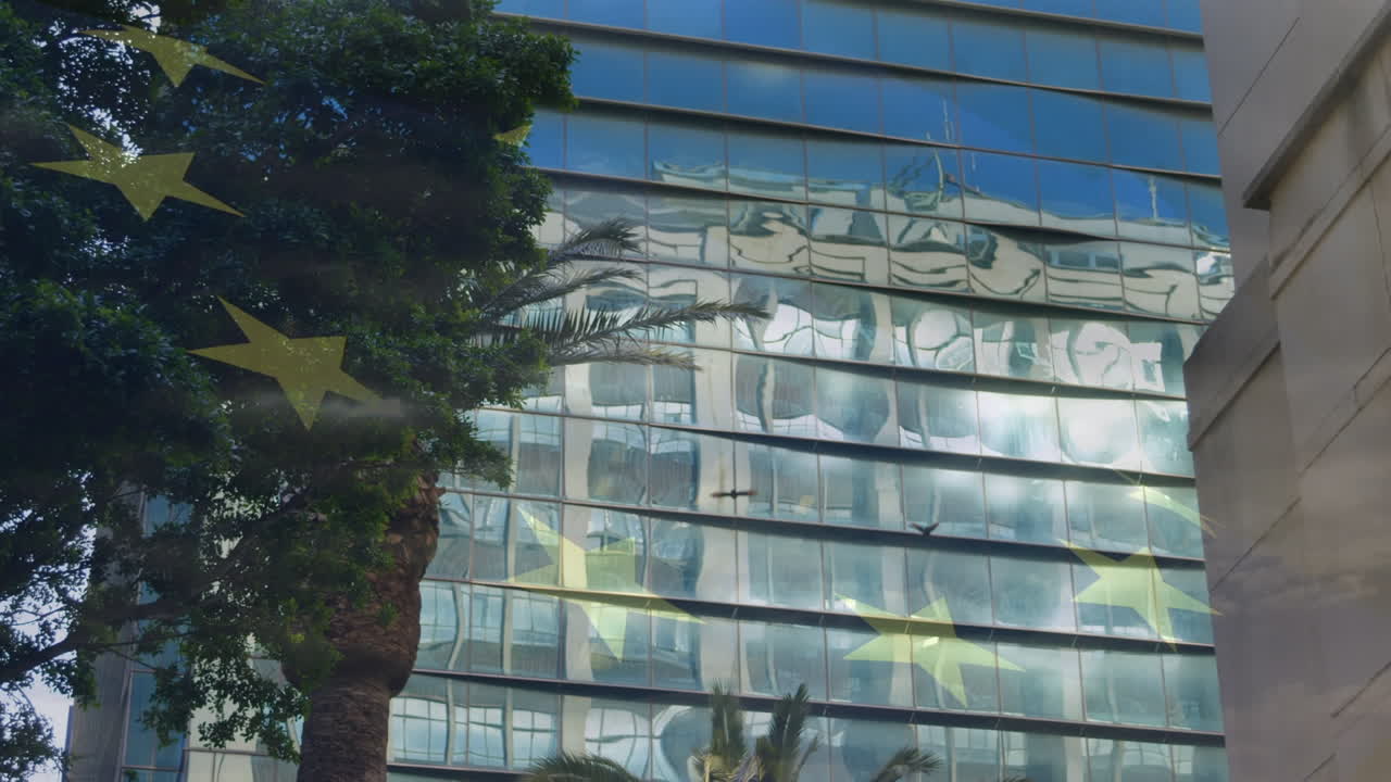 유럽 연합의  ⁇ 발이 도시 풍경 위에서 흔들리는 애니메이션