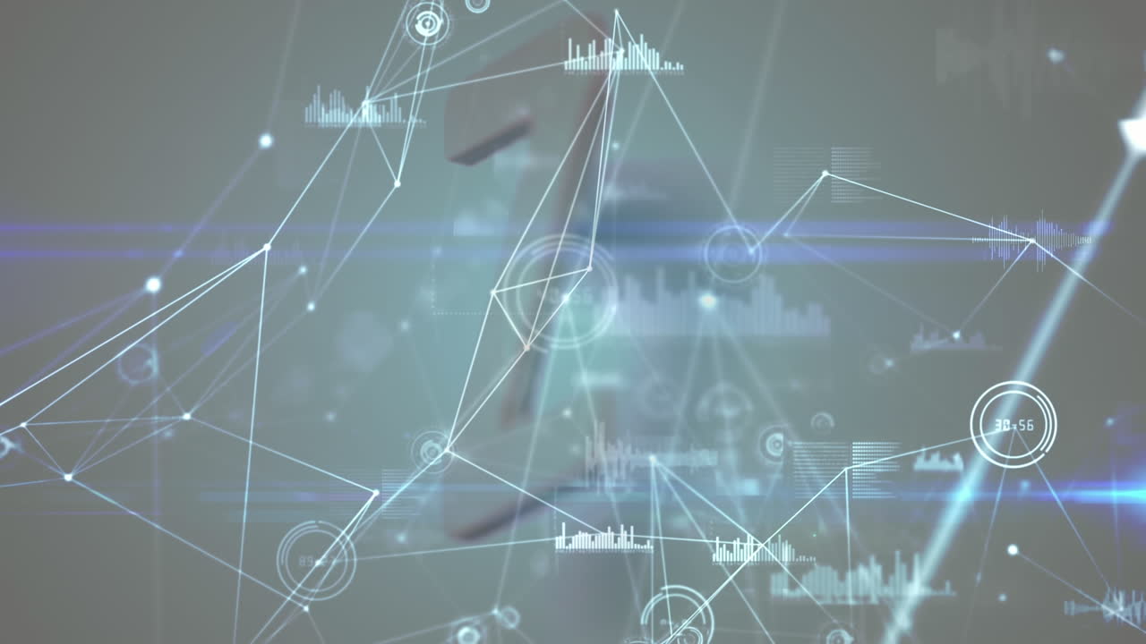 추상적인 배경에 그래프와 z 알파 ⁇ 을 가진 선으로 상호 연결되는 점의 애니메이션