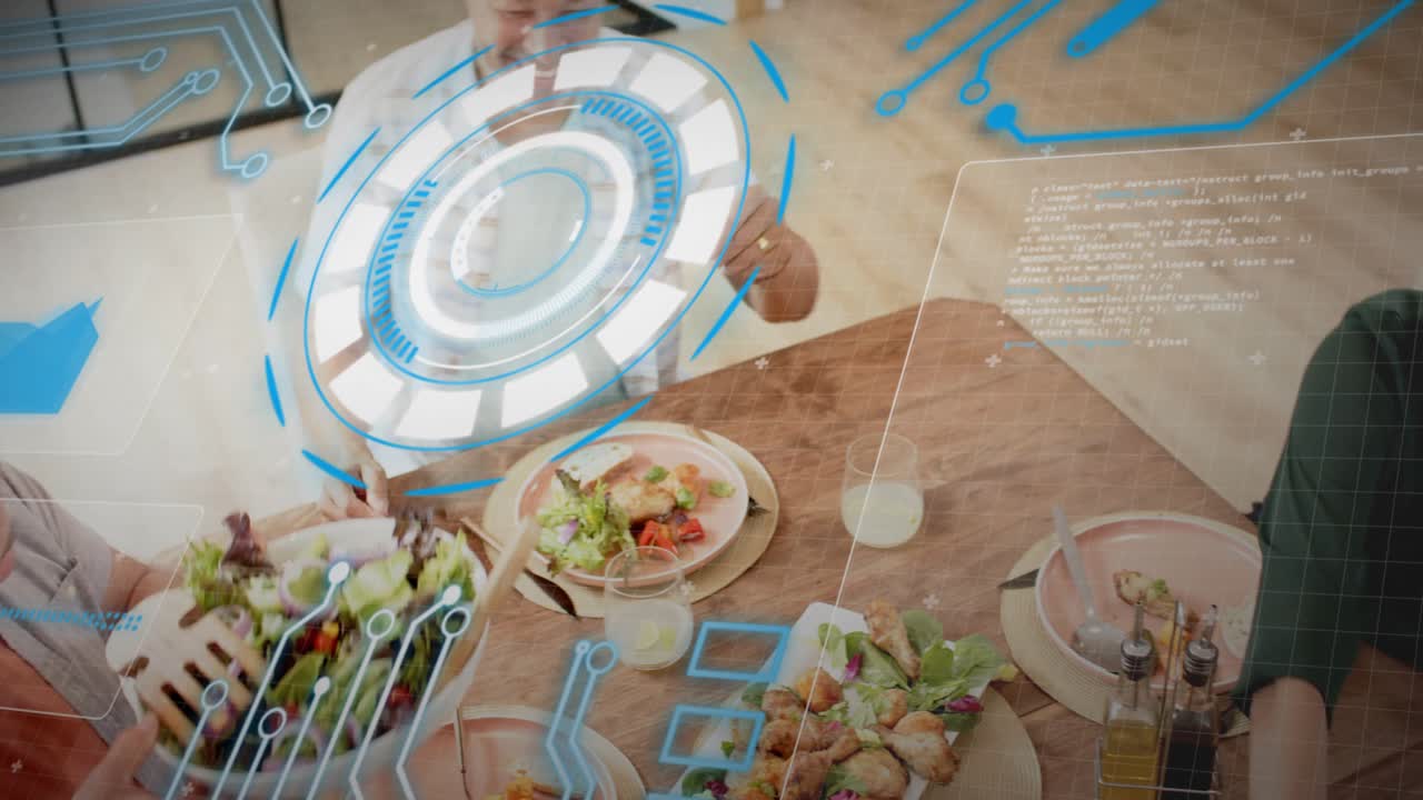 Four adults nudging salad bowl, scooping greens onto plates for sharing, tech HUD pulsing over bowl