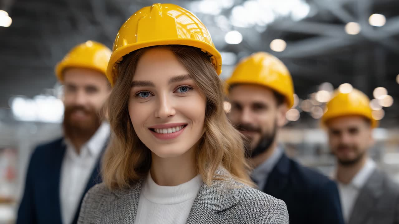 A confident woman in a hard hat leads a team of construction professionals, showcasing teamwork and determination in a busy industrial setting with modern architecture