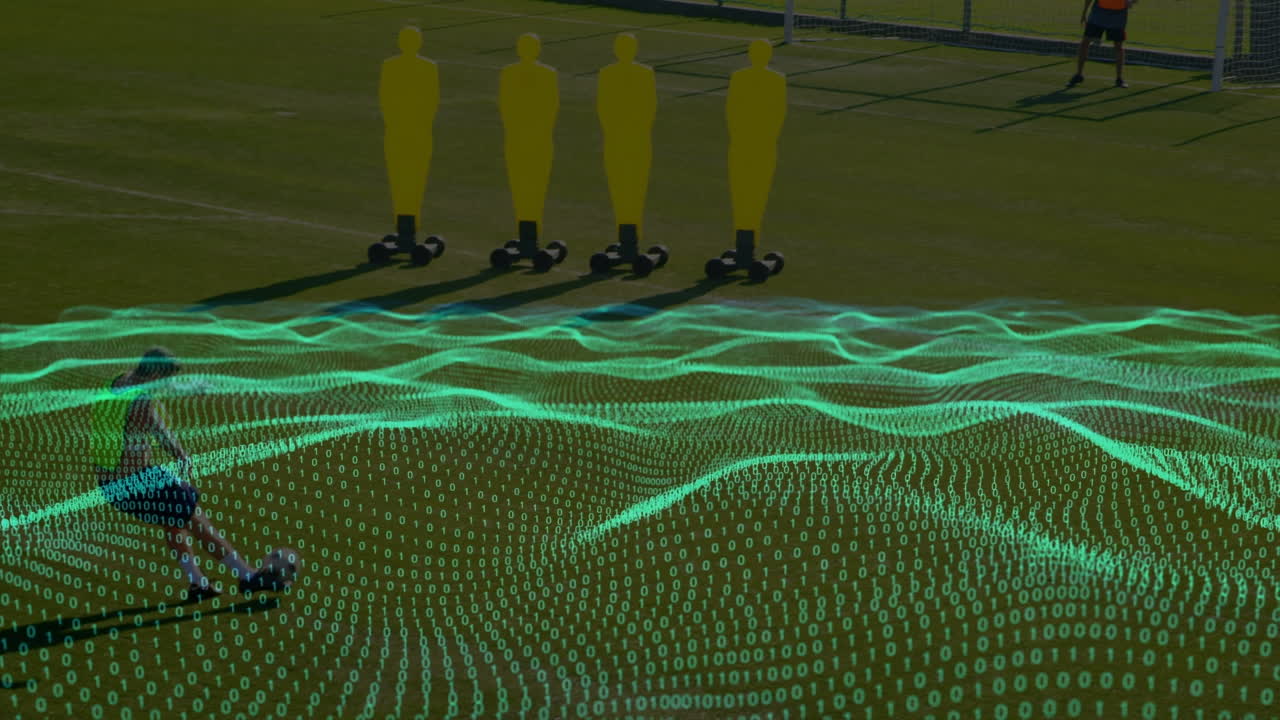 Animation of spots over diverse male soccer players playing at stadium