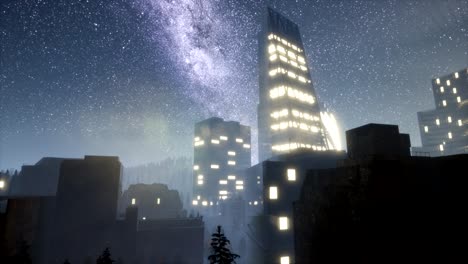 city skyscrapes at night with milky way stars