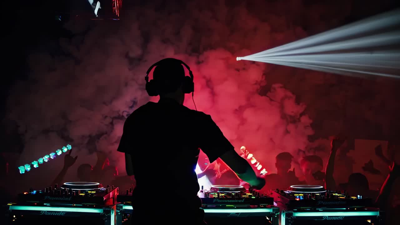 Silhouette of a DJ at a vibrant club, shot from behind at eye level