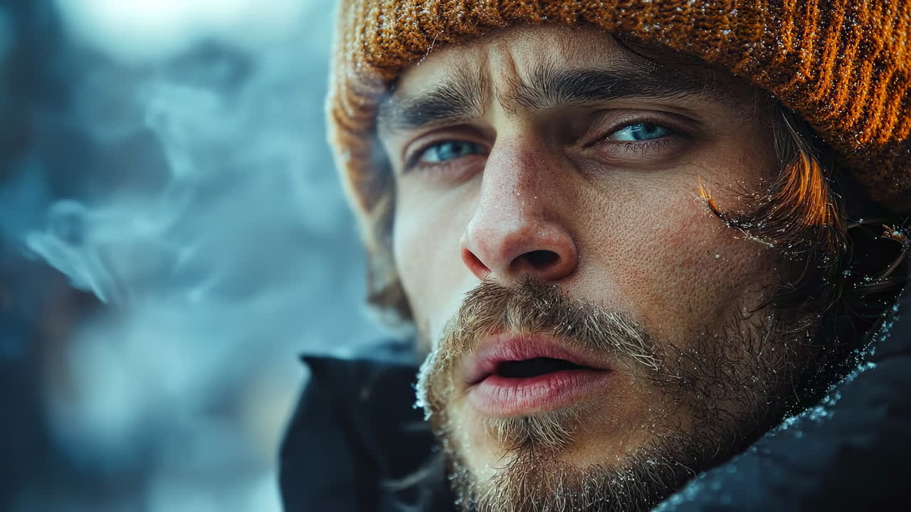 Young man in winter gear with blue eyes. A man with a warm hat and beard stands outdoors in the cold, breathing out steam in a snowy landscape