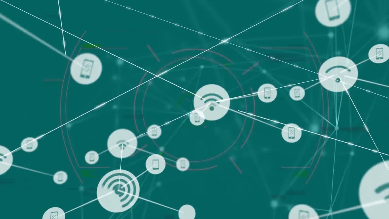 Animation of glitch effect and scope scanning over network of digital icons on green background