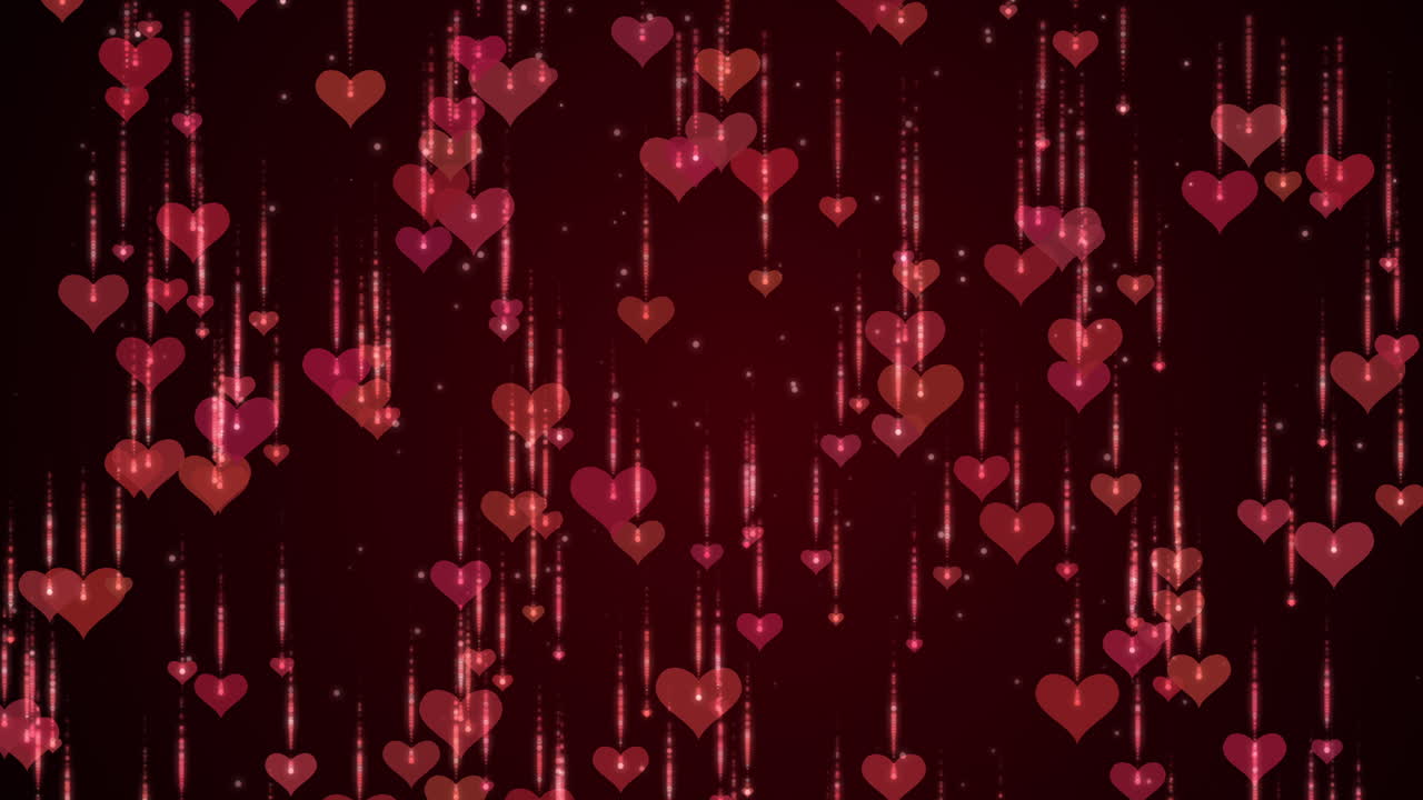 Falling red hearts. Animated romantic background. Shiny flying particles.