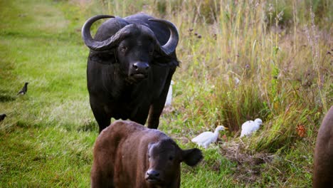 huge wild buffalo with large horns standing peacefully near white birds