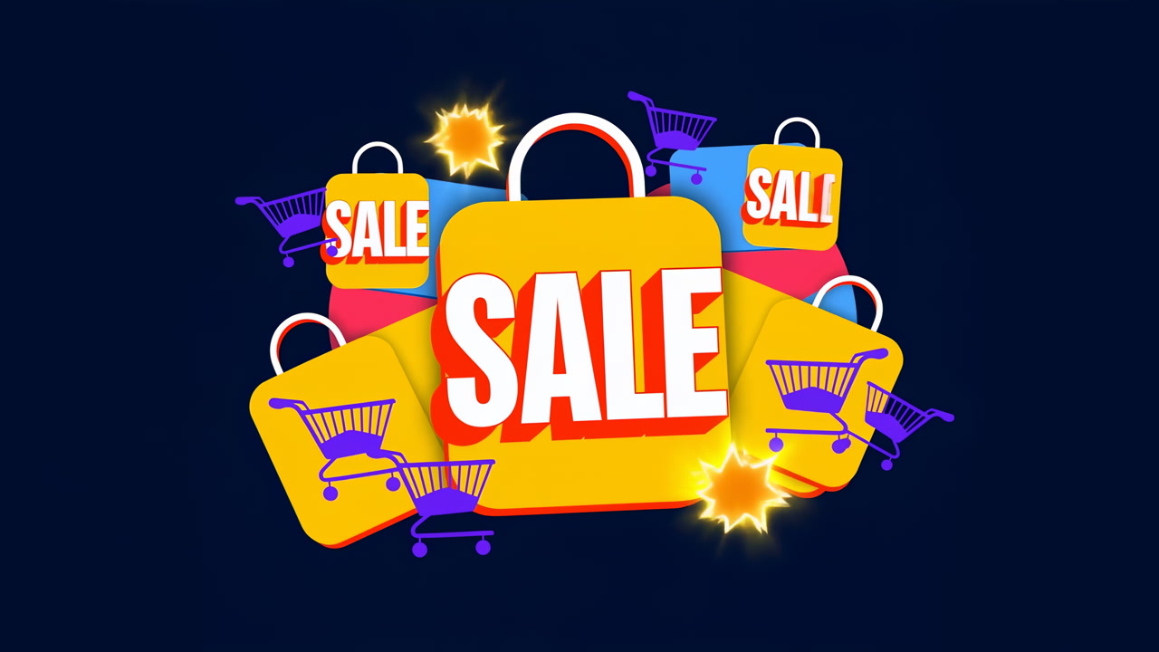 Bright Sale Shopping Animation With Colorful Bags, Bold Red Sale Text, Purple Shopping Carts, Sparkling Stars