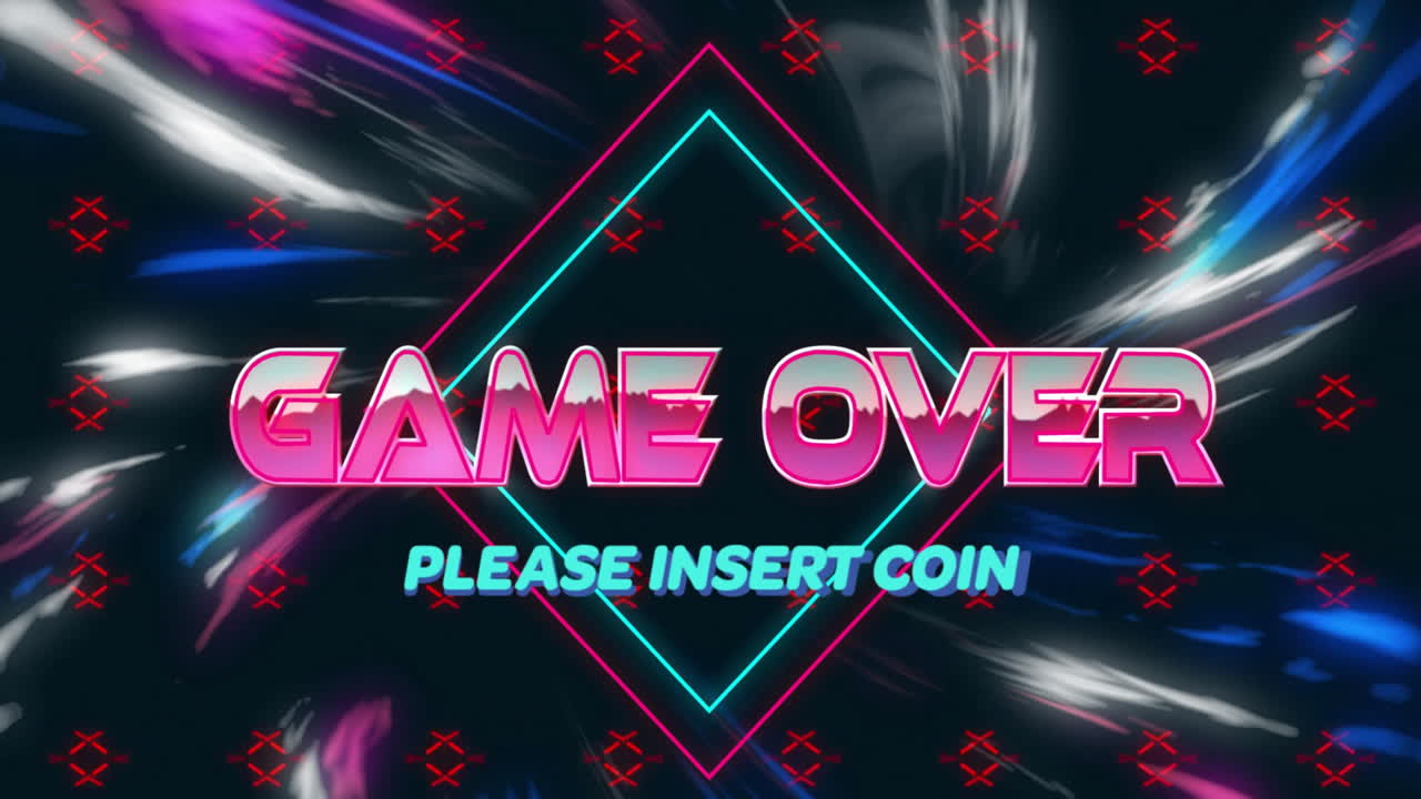 Animation of game over text over colourful shapes on black background