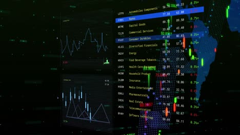 animación del mapa del mundo y procesamiento de datos financieros.