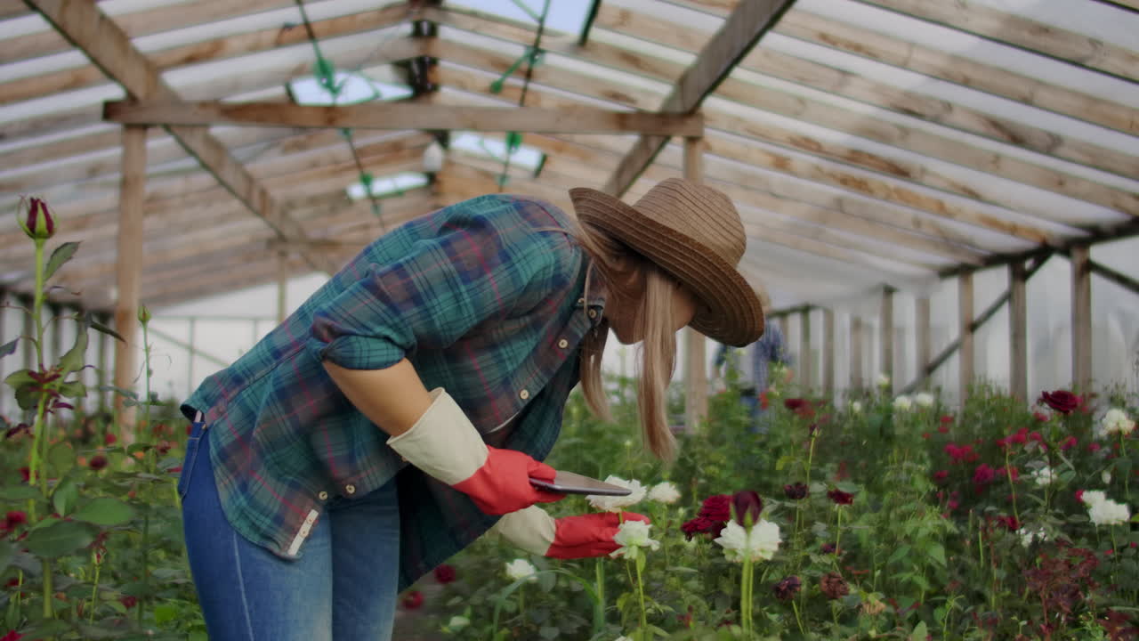 primer plano de las manos de un agricultor empresario tocando las rosas y usar los dedos para hacer clic en la pantalla de la tableta. comprobar el estado de las flores para la base de datos de cultivos.