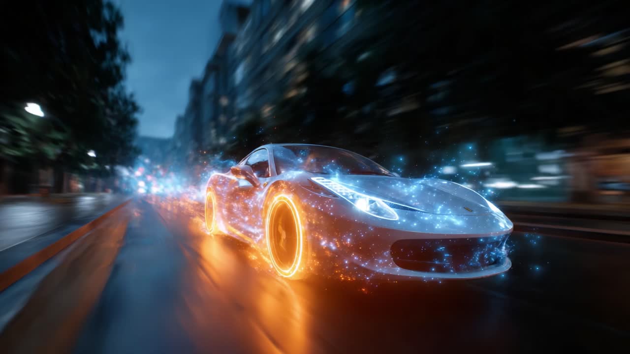 Un'auto sportiva futuristica sfreccia per le vie della città, illuminata da ruote luminose e scie di luce vivaci che irradiano energia e movimento nella notte.