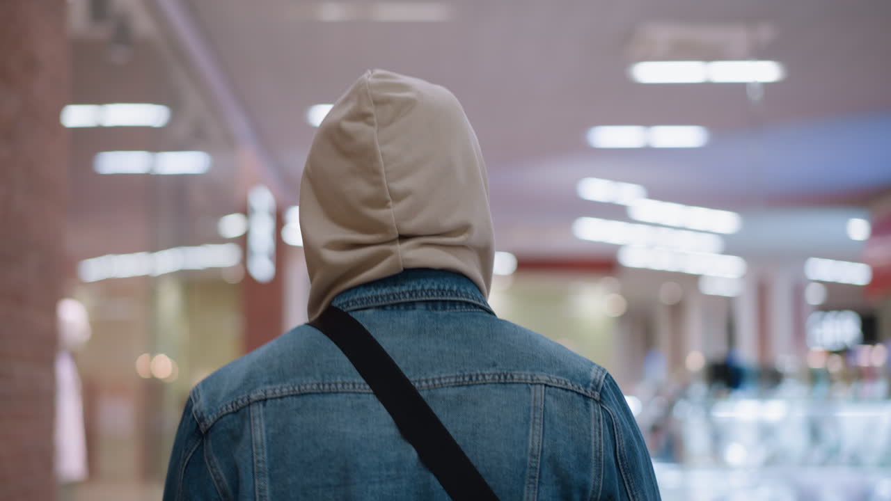 guy wearing beige hoodie under denim jacket walking through brightly lit shopping mall corridor with blurred glass displays metal rails overhead lights capturing urban casual style exploration mood