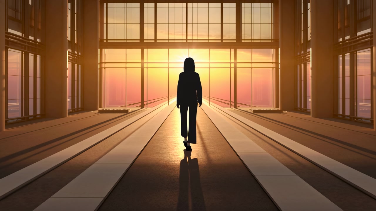 A person walks towards a light source in a hallway with large windows, creating a mysterious and contemplative atmosphere. This commercial video background is motivational content.