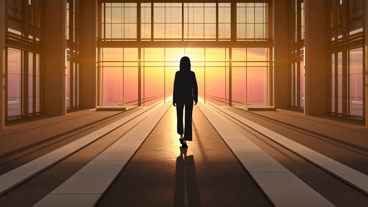 A person walks towards a light source in a hallway with large windows, creating a mysterious and contemplative atmosphere. This commercial video background is motivational content.