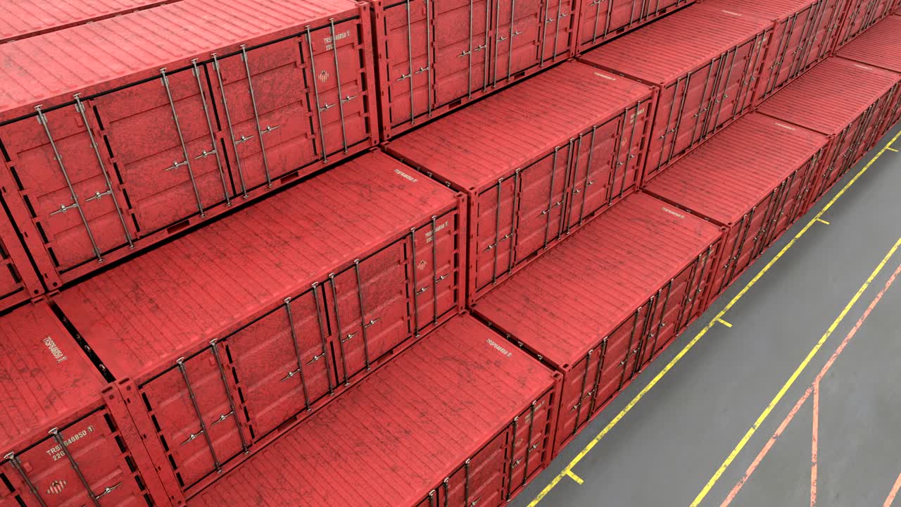 운송 항구에서 쌓인 인터모달 운송 컨테이너의 높은 각도 시각