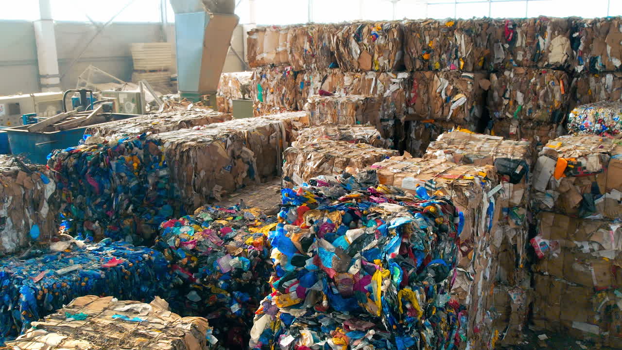 Multiple stacks of cubes of compressed paper and plastic garbage at waste sorting plant. Slow motion