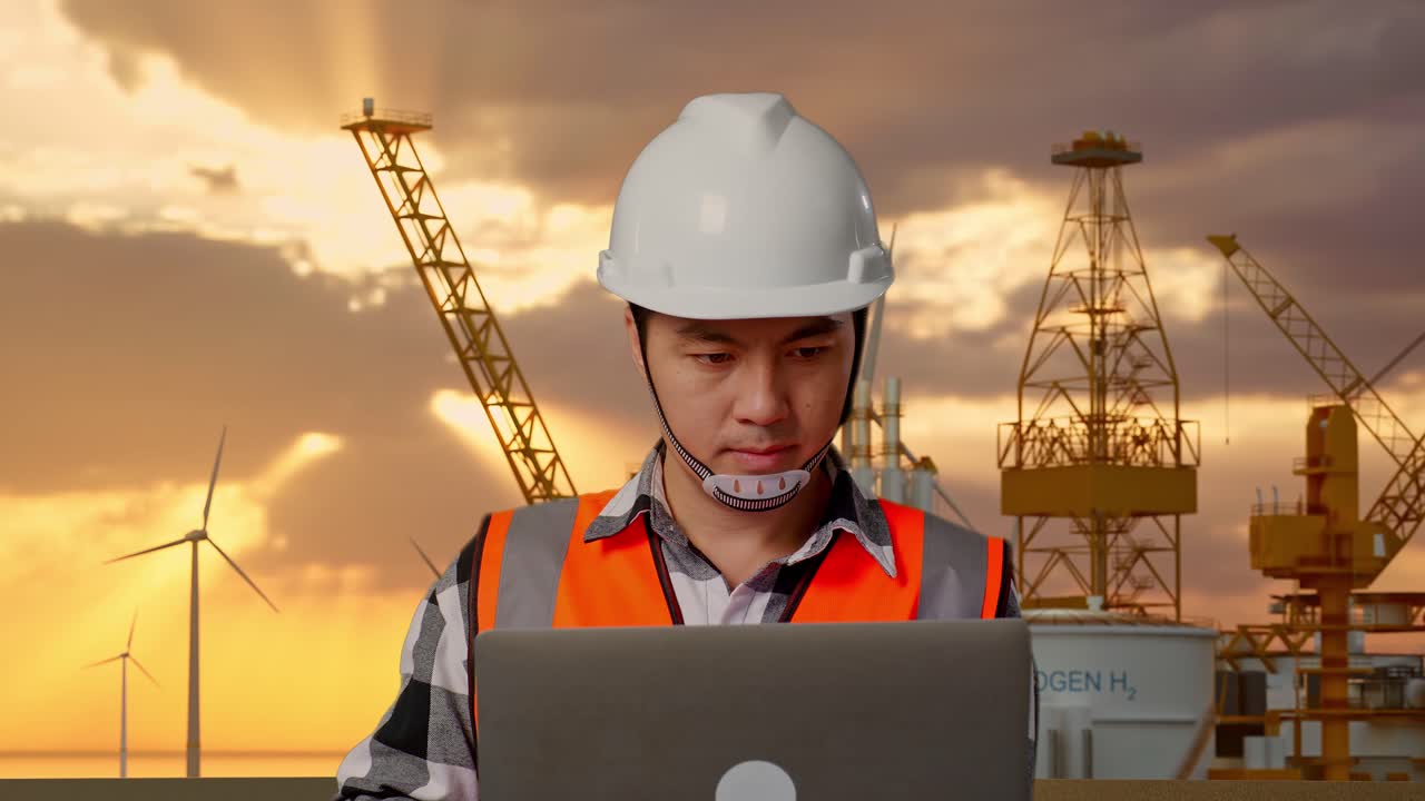 Ingeniør arbejder på en bærbar computer på en olieboreplatform og vindmøllepark.
