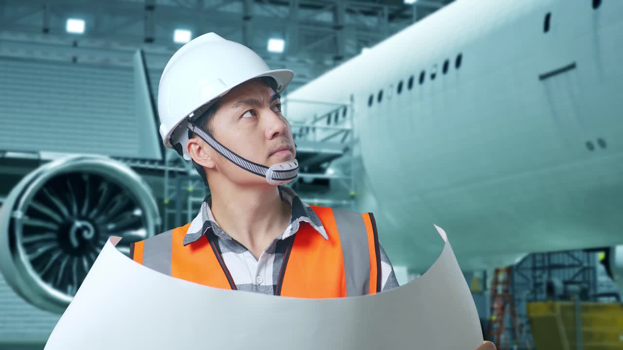 항공기 엔지니어가 계획을 검토하고 있습니다.