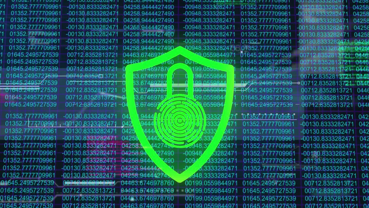 animación de candado y escudo que se ilumina sobre números cambiantes