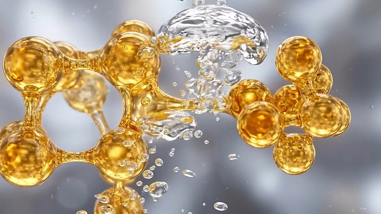 Animazione 3D di struttura molecolare dorata con bolle d'acqua