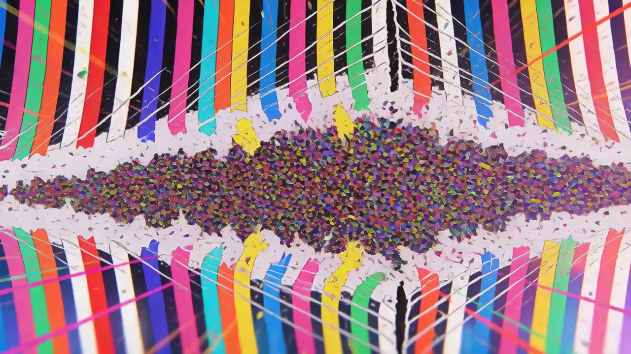 Tearing frayed seam opening in mirrored set, multicolored ribbons releasing particles filling void