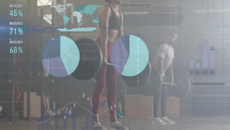 animación de la interfaz de procesamiento de datos sobre diversos hombres y mujeres levantando pesas de barra en el gimnasio