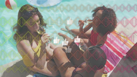 by pool, women in swimsuits holding drinks with animation of social media icons
