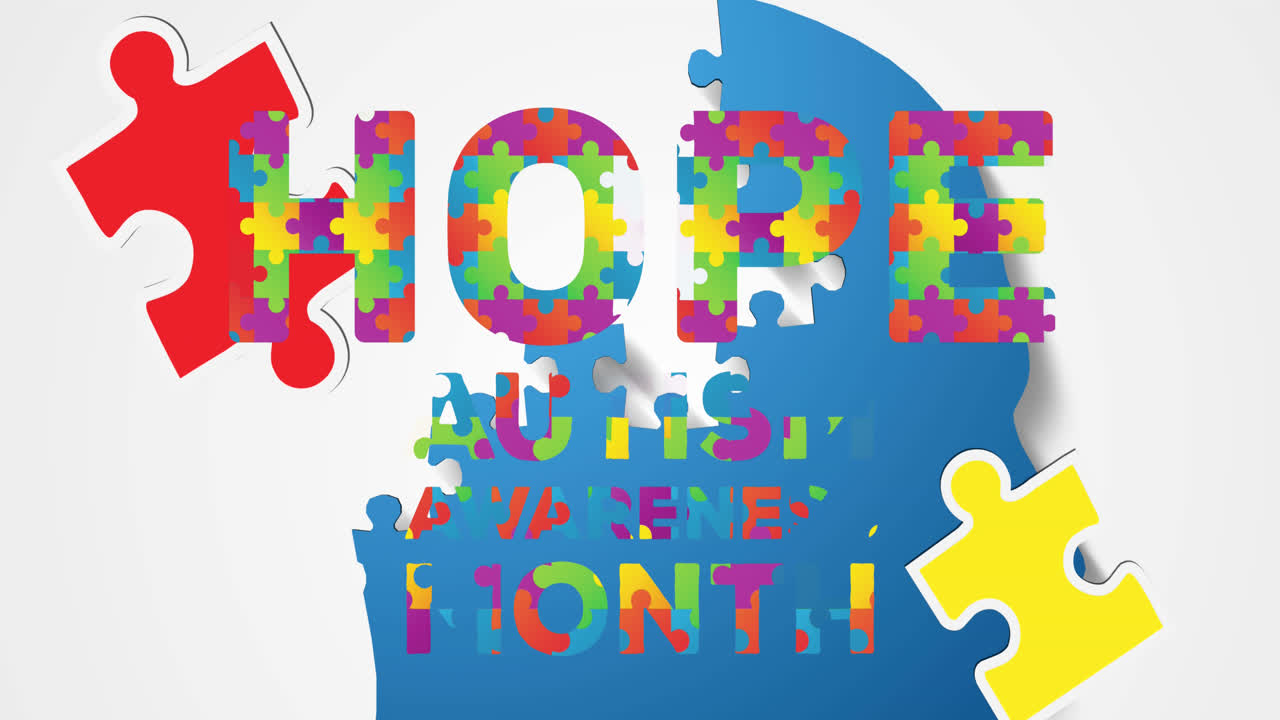 인간 머리 위에 떨어지는 퍼즐의 애니메이션, 미로, 퍼즐로 형성된 희망 텍스트