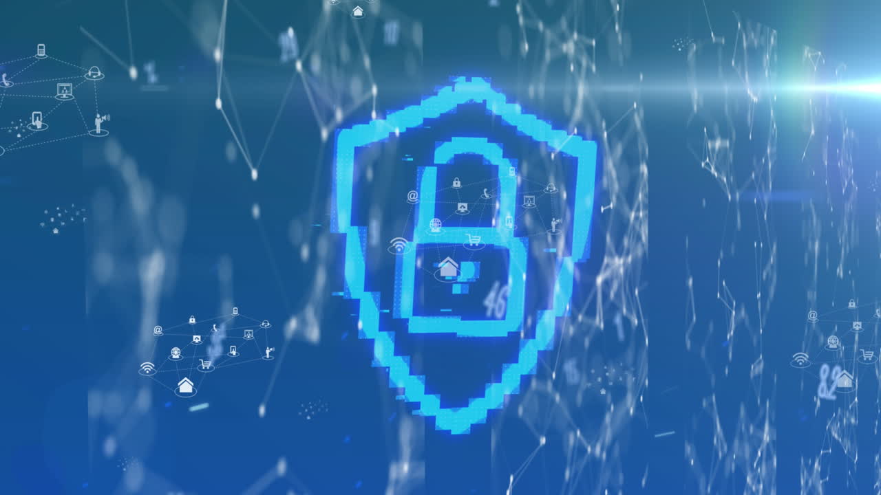 animación de un candado de seguridad en línea con redes de conexiones en segundo plano