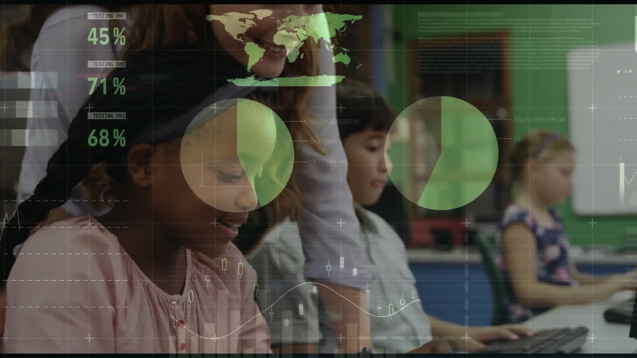 animación del procesamiento de datos financieros estudiantes diversos con maestra en el aula