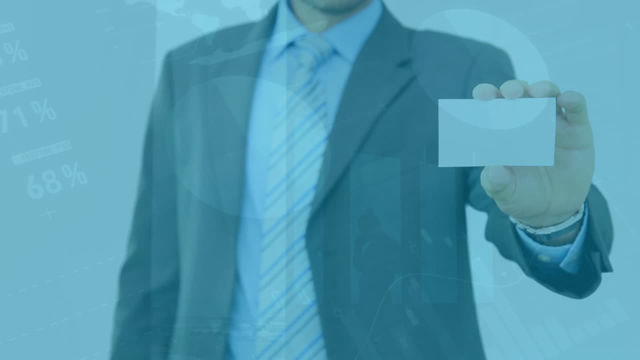 Animation of data processing over caucasian businessman with blank card