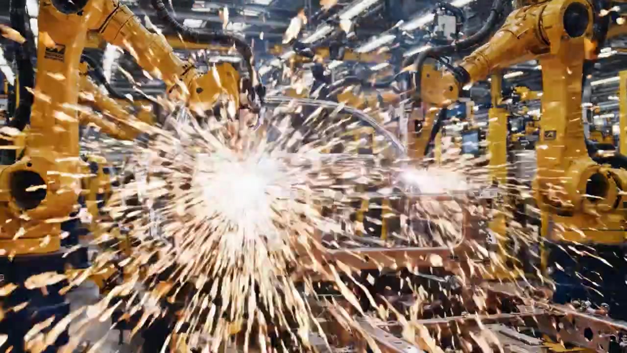 Cena de Produção Dinâmica: Braços Robóticos Avançados Soldando e Montando um Chassi de Automóvel em um Ambiente de Fabricação de Alta Tecnologia com Faíscas Voando