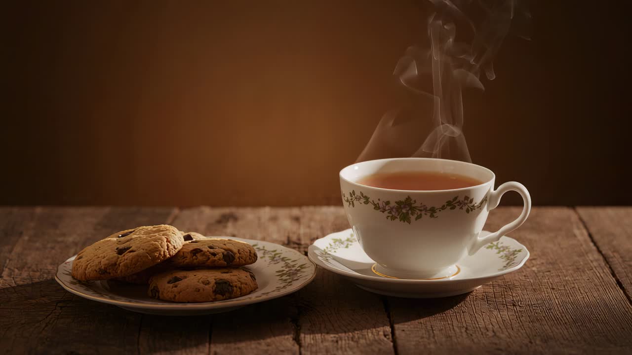 Rising steam above teacup with green-gold band curling on wood table post-pour cooling with cookies