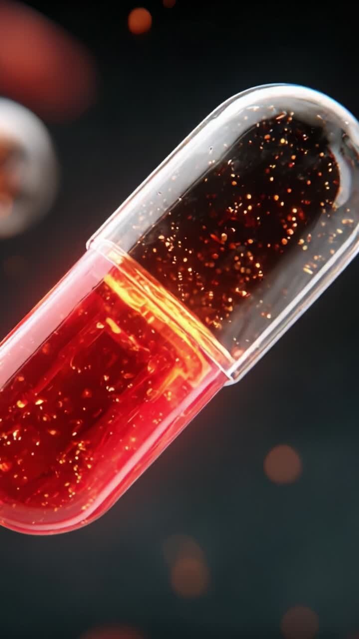A Close-Up Exploration of a Vibrantly Colorful Gel Capsule, Revealing Its Intricate Details and the Enigmatic Swirls of Particles Within the Transparent Shell