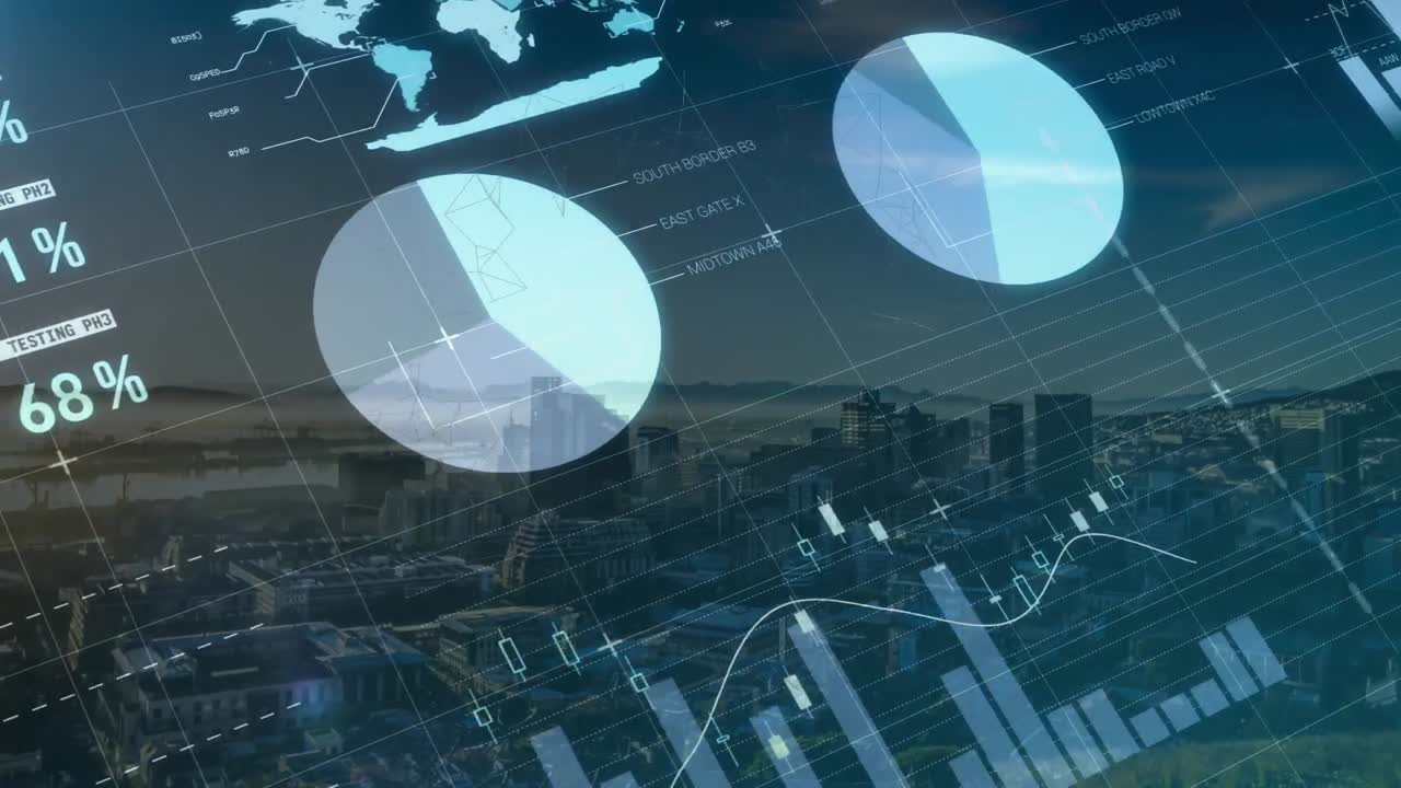 animación del procesamiento de datos estadísticos frente a una vista aérea del paisaje urbano
