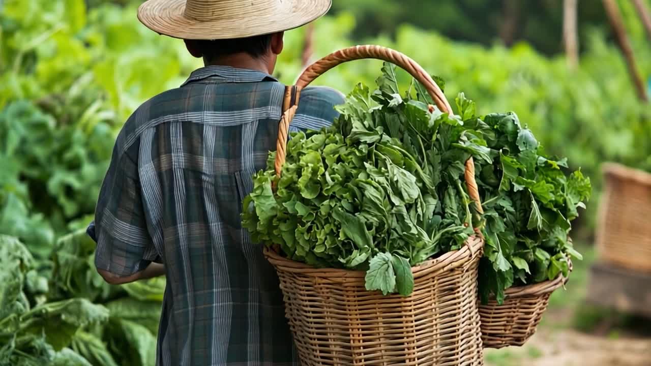 Farmer carrying a basket of harvested vegetables