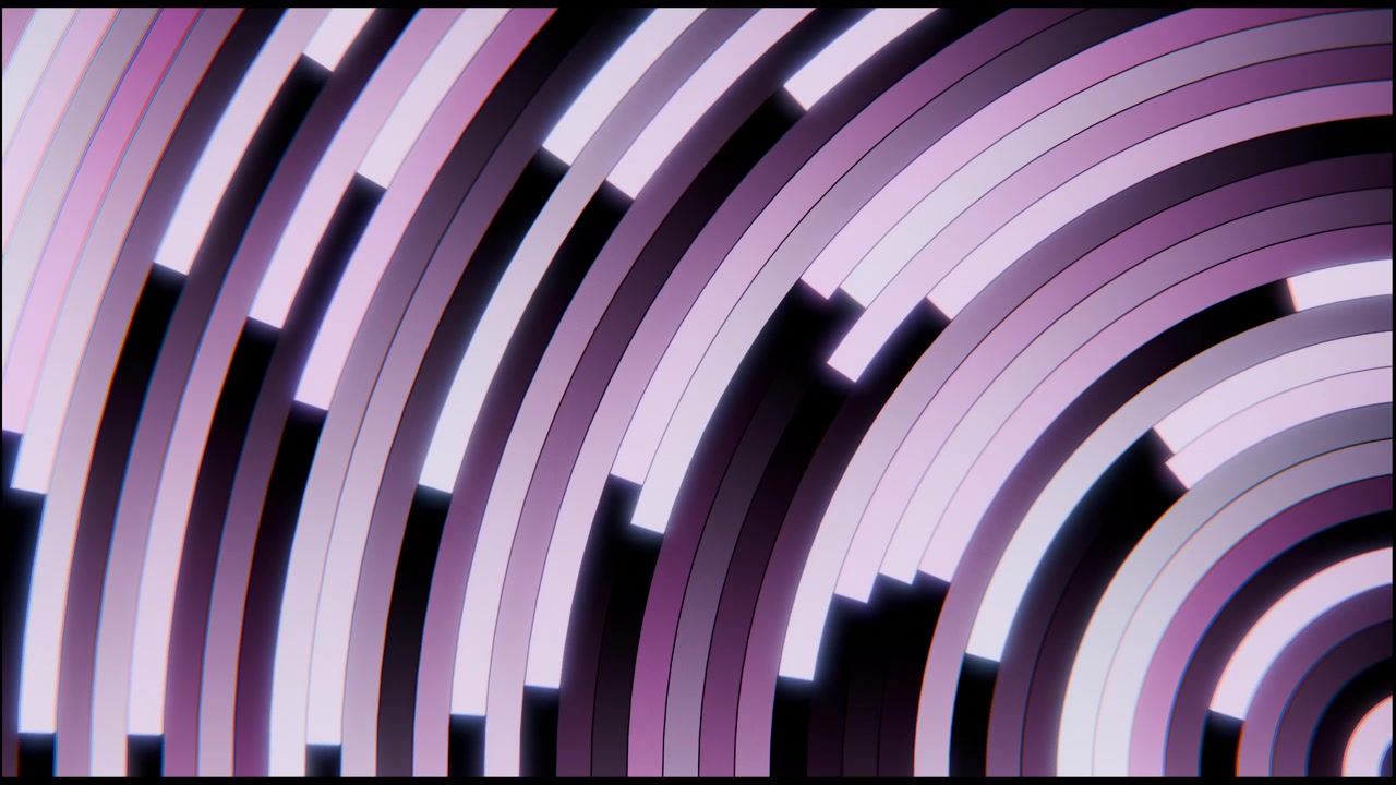 Vista obliqua ravvicinata di bande curve annidate che riempiono l'inquadratura, dove punte luminose alternate, spazi incassati, sfumature soffuse e bordi ombreggiati creano profondità a strati, texture e un ritmo geometrico moderno