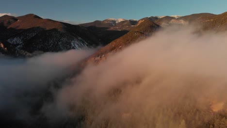 a névoa do nascer do sol tingida de rosa se apega à montanha de neve da floresta dourada